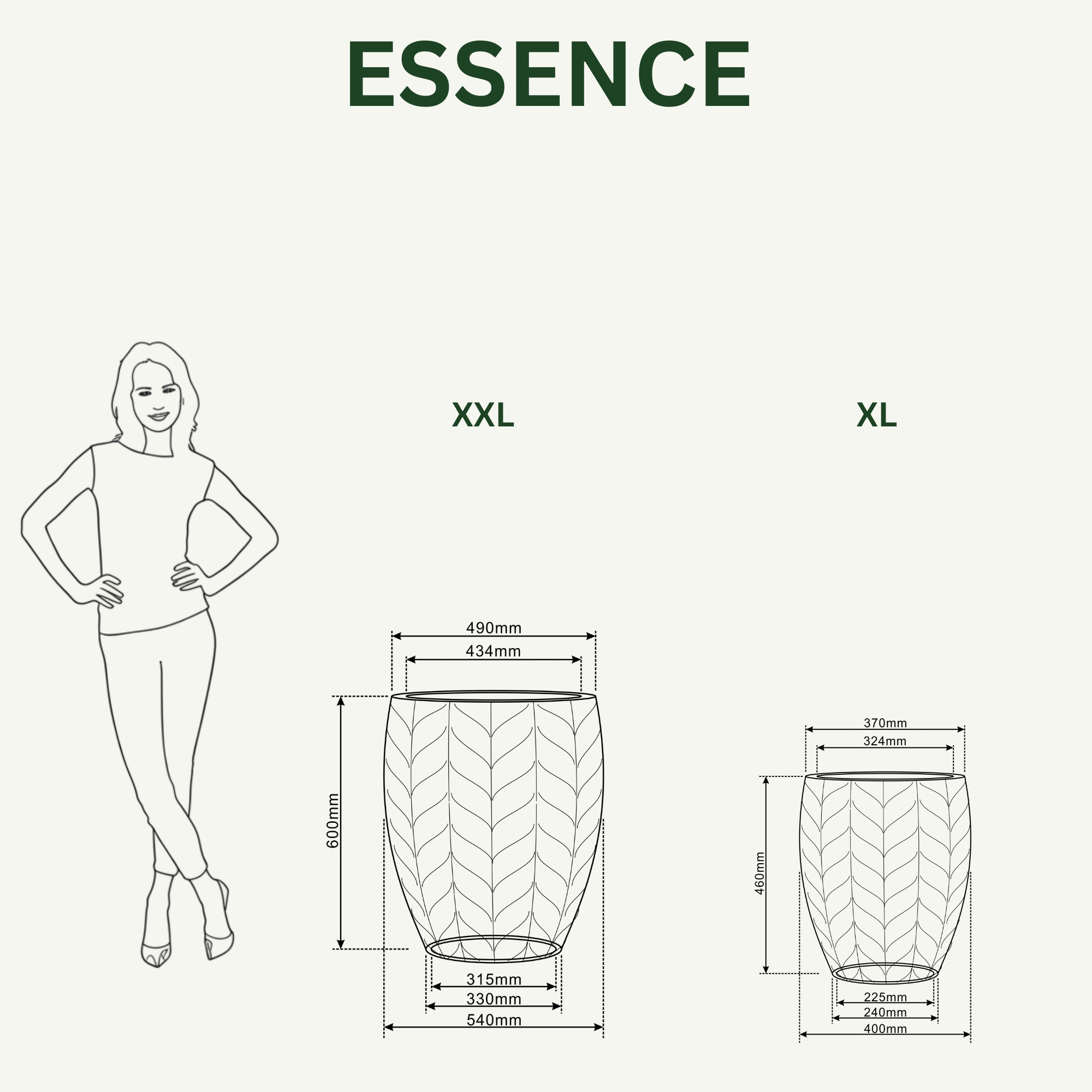 Velikostní tabulka a rozměry pro betonový květináč ESSENCE