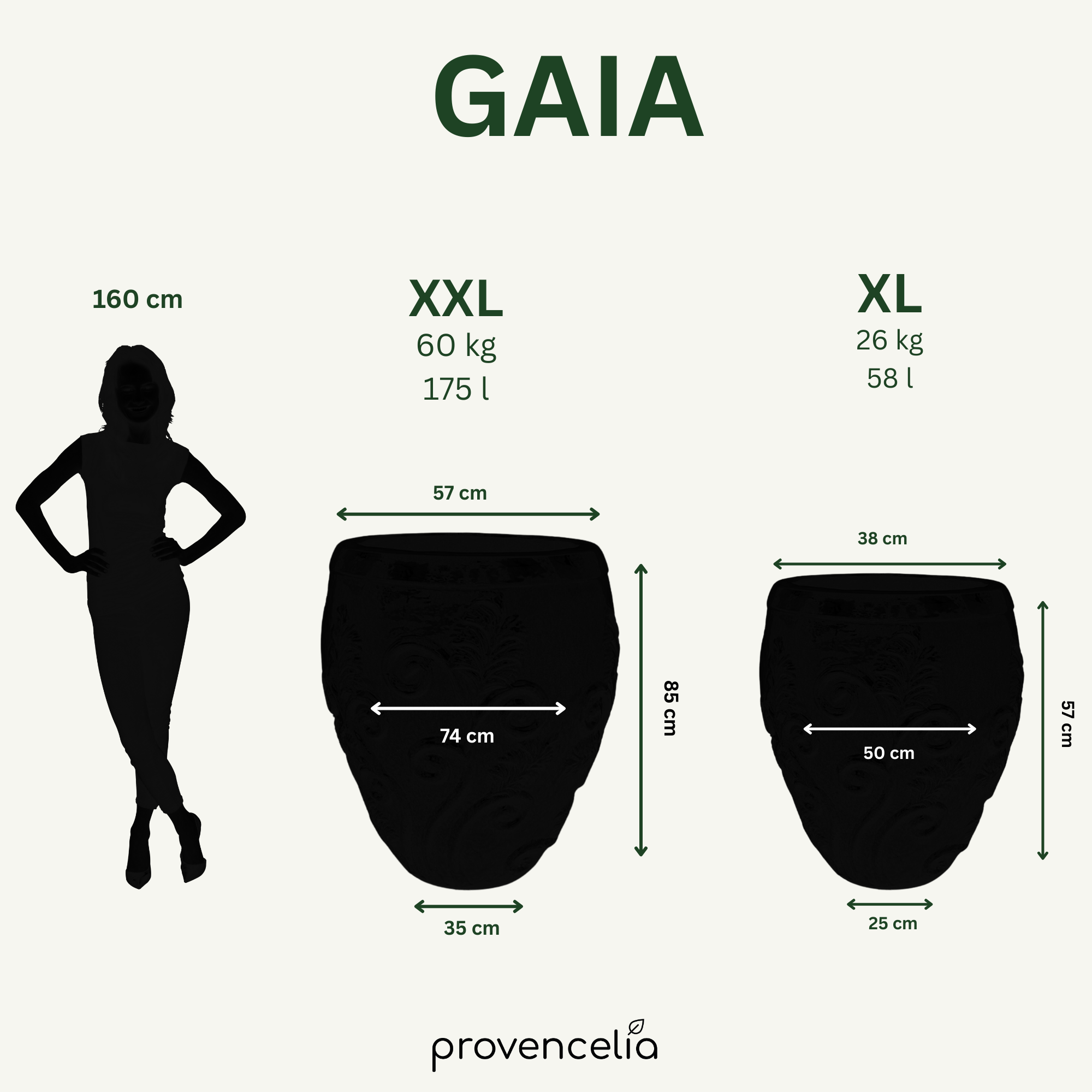 Porovnanie veľkostí keramického kvetináča GAIA jesenná oranžová – veľkosti S až XXL