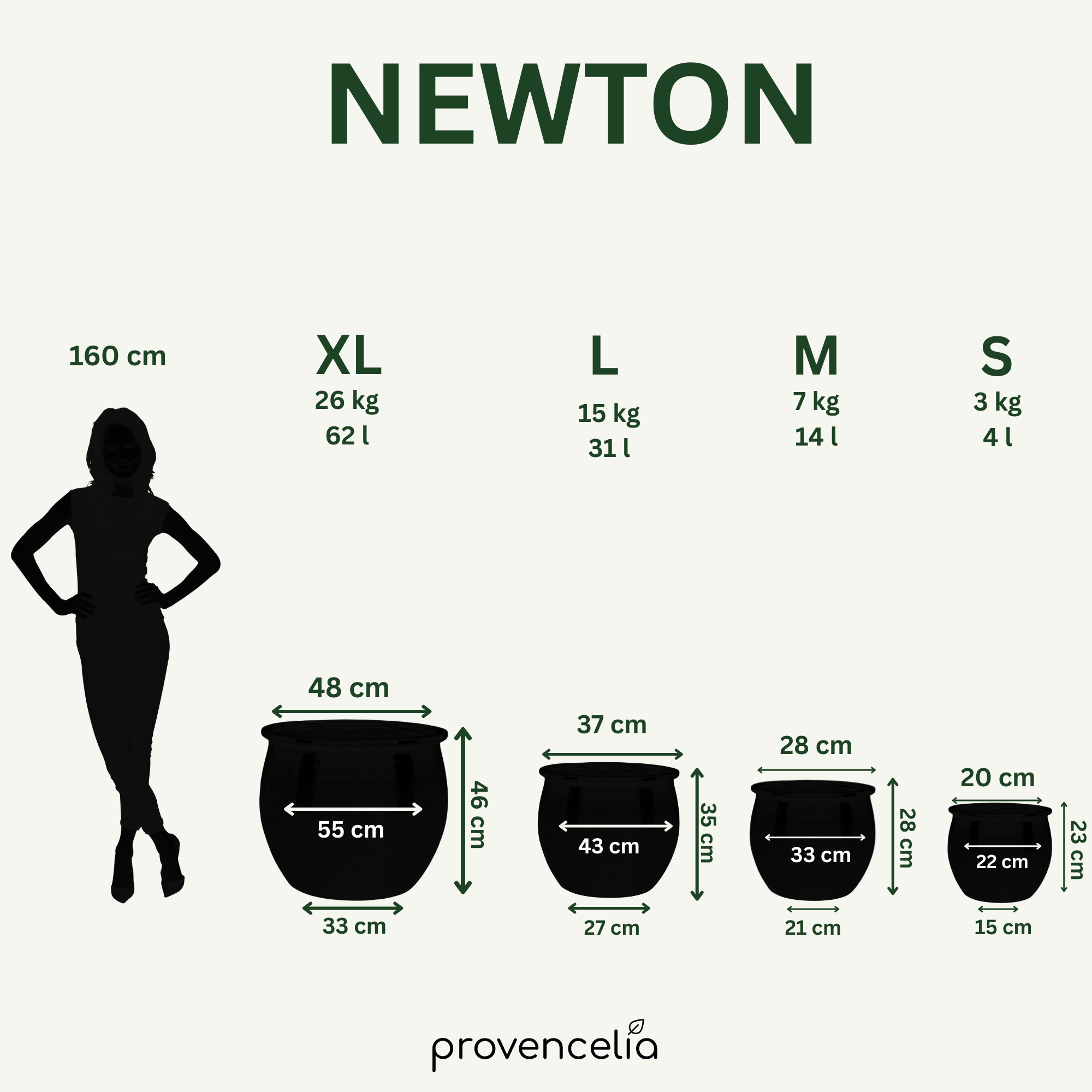 Porovnanie veľkostí keramického kvetináča NEWTON krémová – veľkosti S až XXL