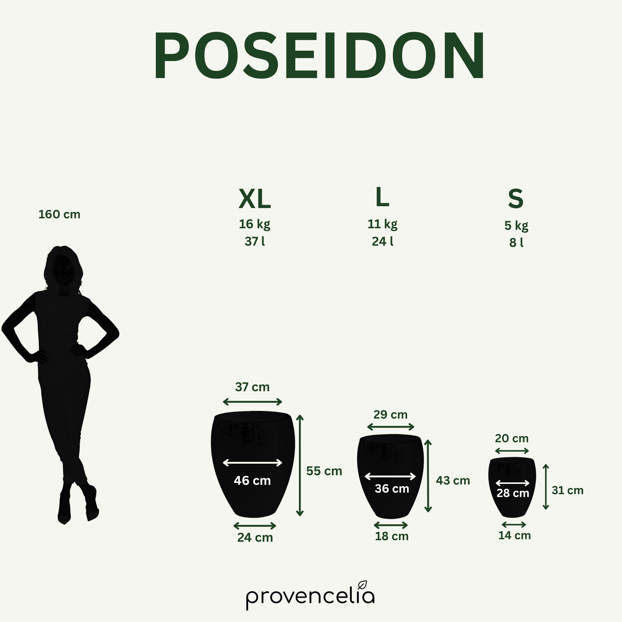 Porovnanie veľkostí keramického kvetináča POSEIDON2 tropická červená – veľkosti S až XXL