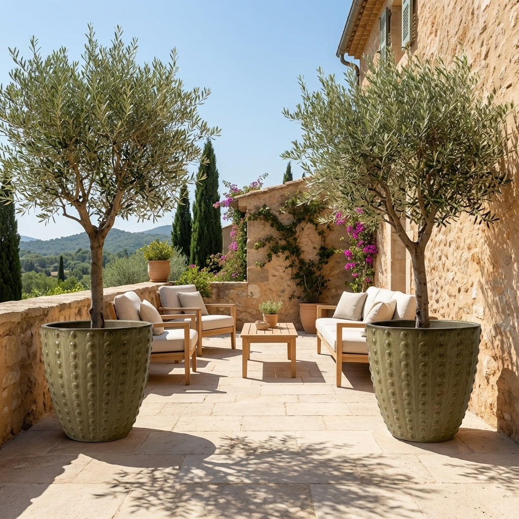 Detail na keramický květináč Attila Broušený bronz s reliéfní texturou. Ručně vyráběný glazurovaný květináč z terakoty s levandulí na slunné terase.