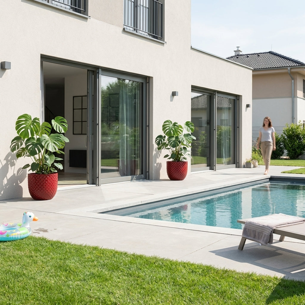 Detailní pohled na ručně vyráběný glazovaný keramický květináč Mars Císařsky červený z terakoty na moderní prosluněné terase s bazénem v pozadí.