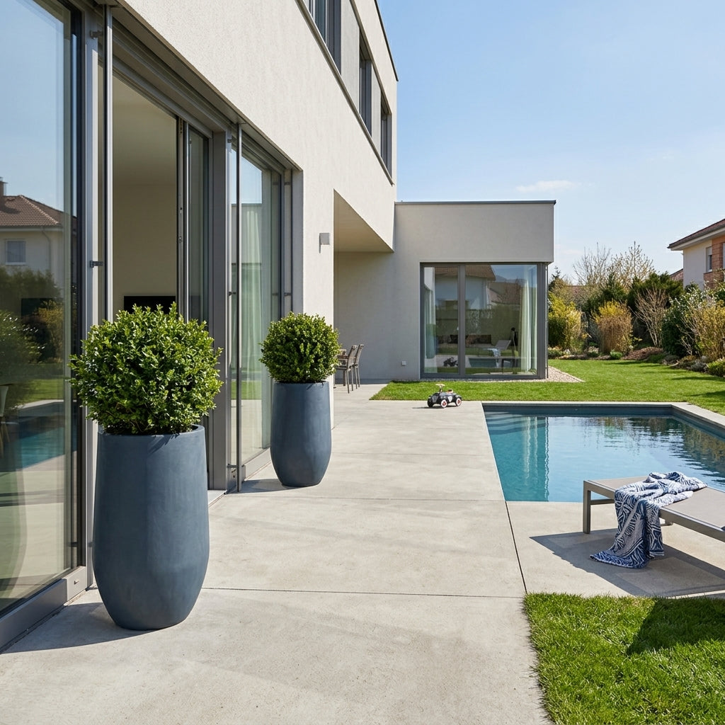 Detail tmavě šedého betonového květináče Zenith XXL (40 x 80 cm) s keřem na moderní terase s bazénem.