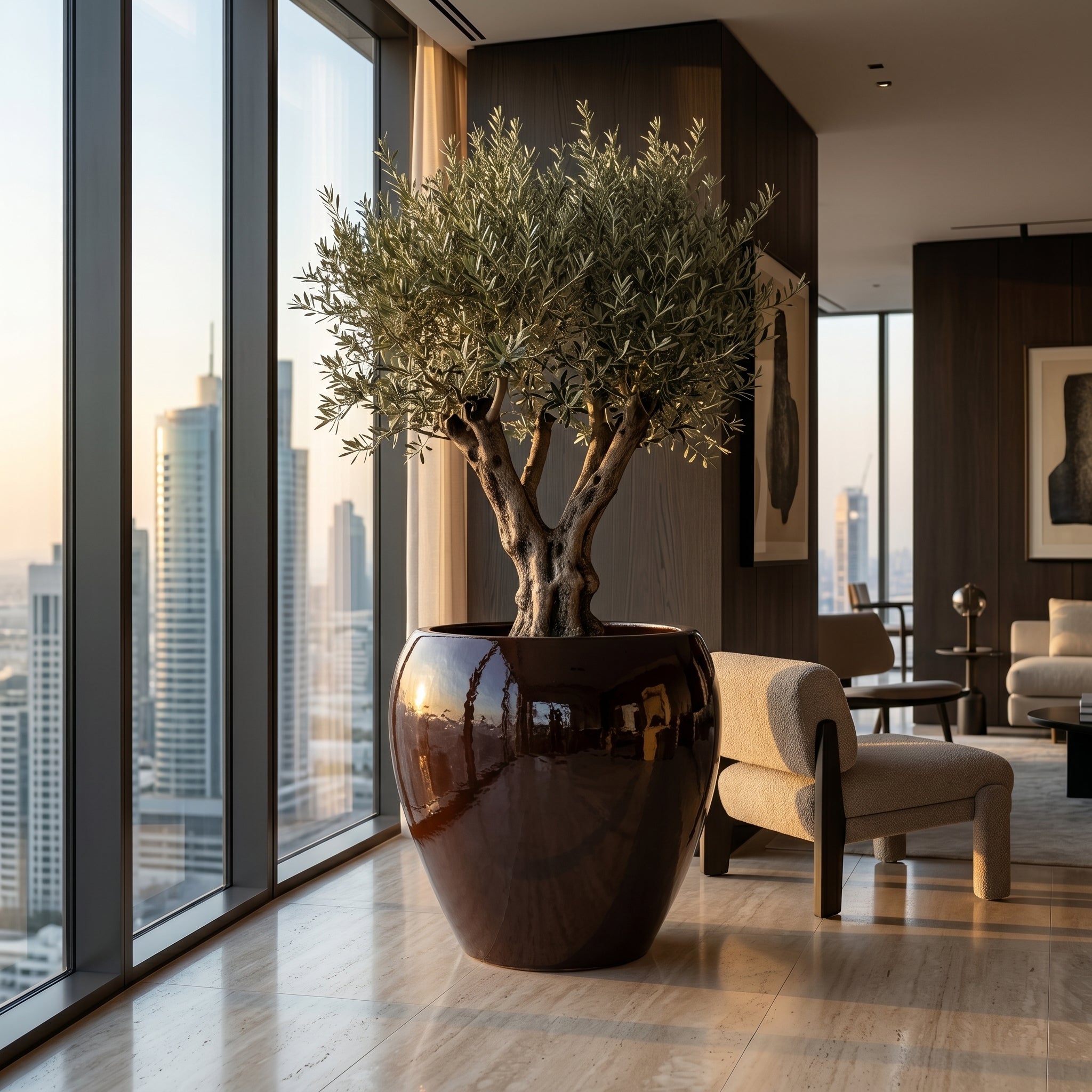 Velký keramický květináč LAFONTAINE 2 Vínová XXL (68x68 cm) s olivovníkem v luxusním moderním interiéru penthouse apartmánu.
