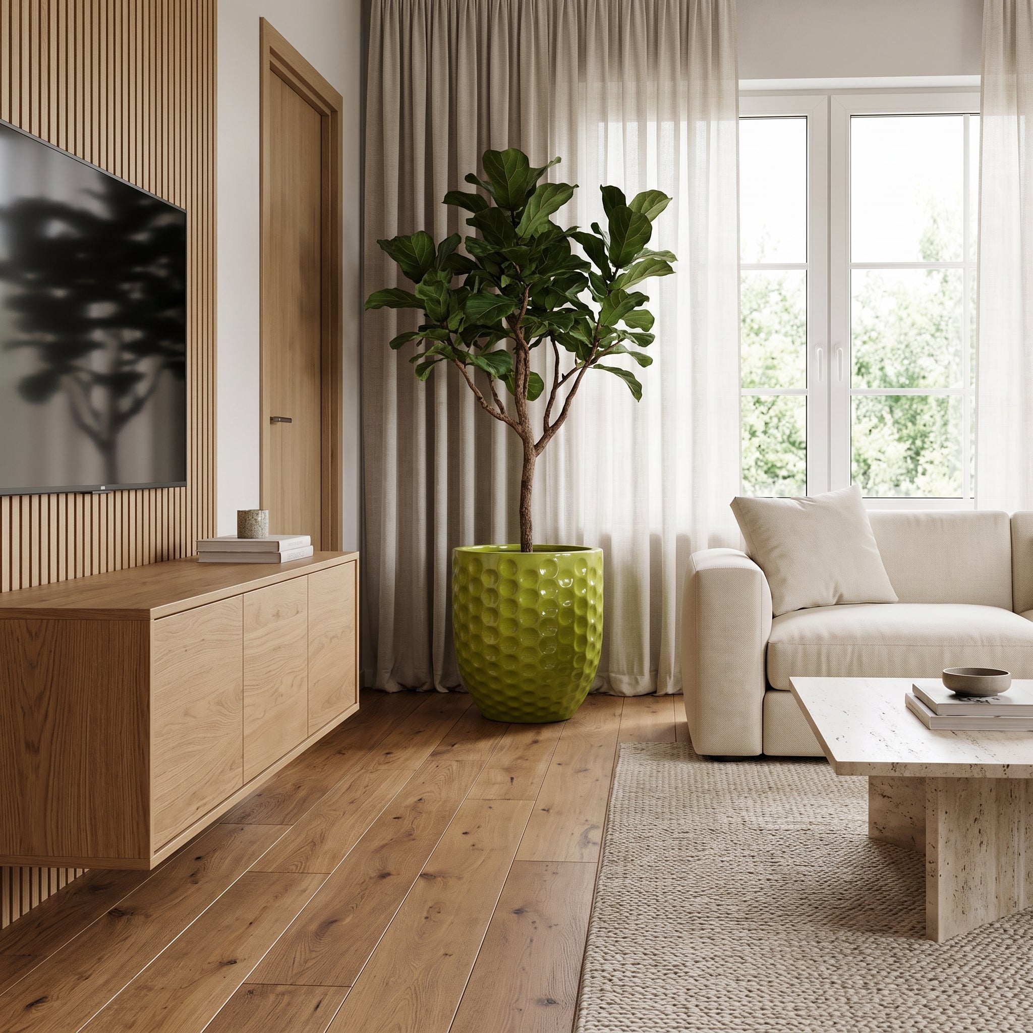 Olivově zelený keramický květináč MEROVEE XXL (55 x 65 cm) s rostlinou Ficus lyrata v elegantním skandinávském obývacím pokoji.
