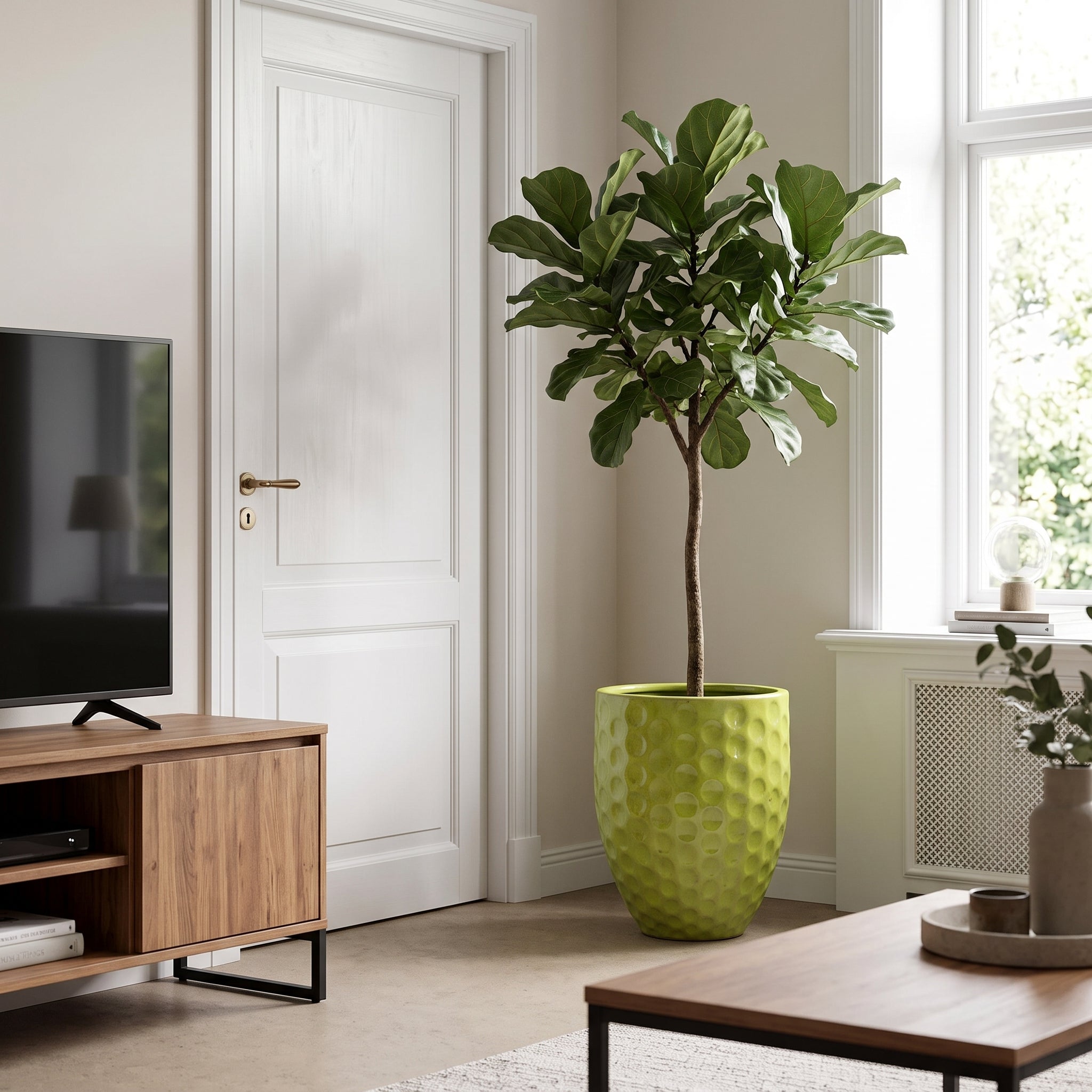 Olivově zelený keramický květináč MEROVEE XL o rozměrech 42x55 cm s rostlinou Ficus lyrata v moderním interiéru obývacího pokoje.