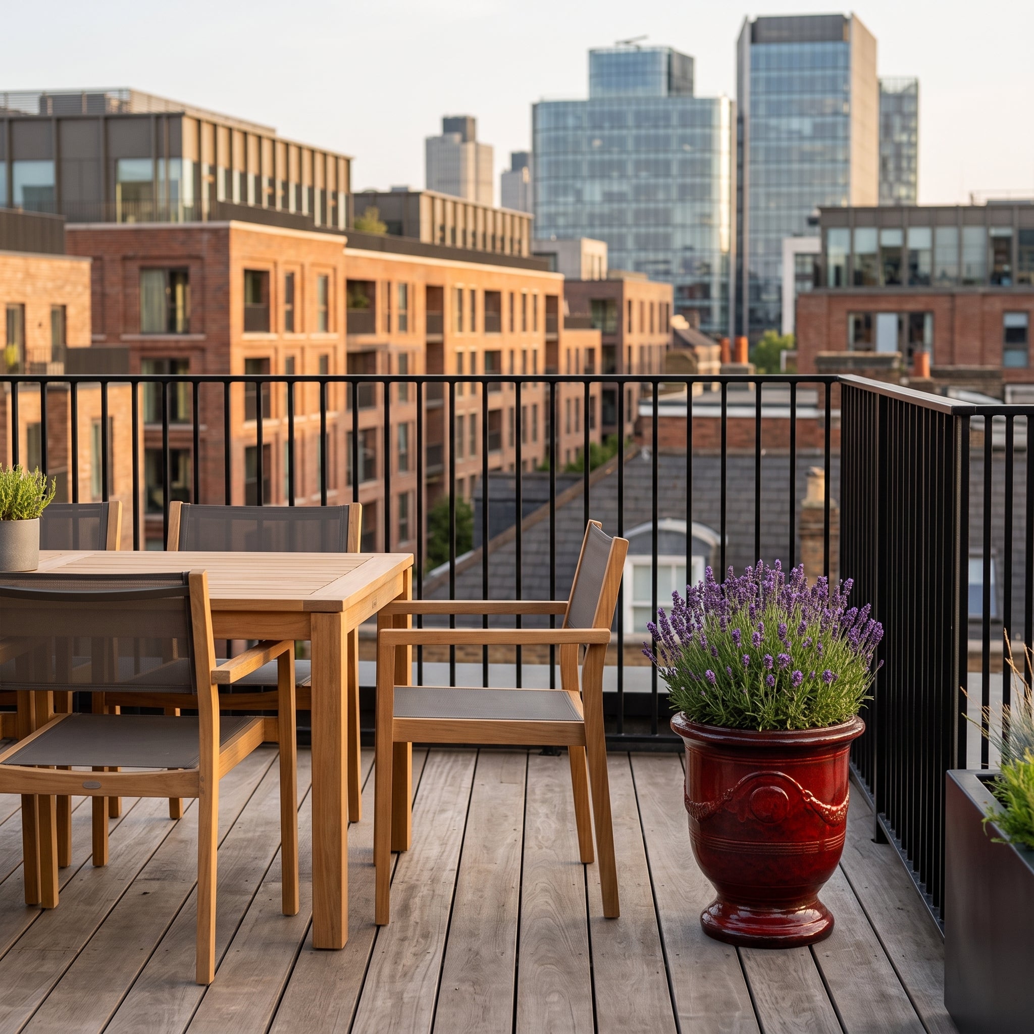 Cihlově červený keramický květináč RICHELIEU L (35 x 42 cm) s levandulí na moderní londýnské střešní terase vedle teakového zahradního nábytku.