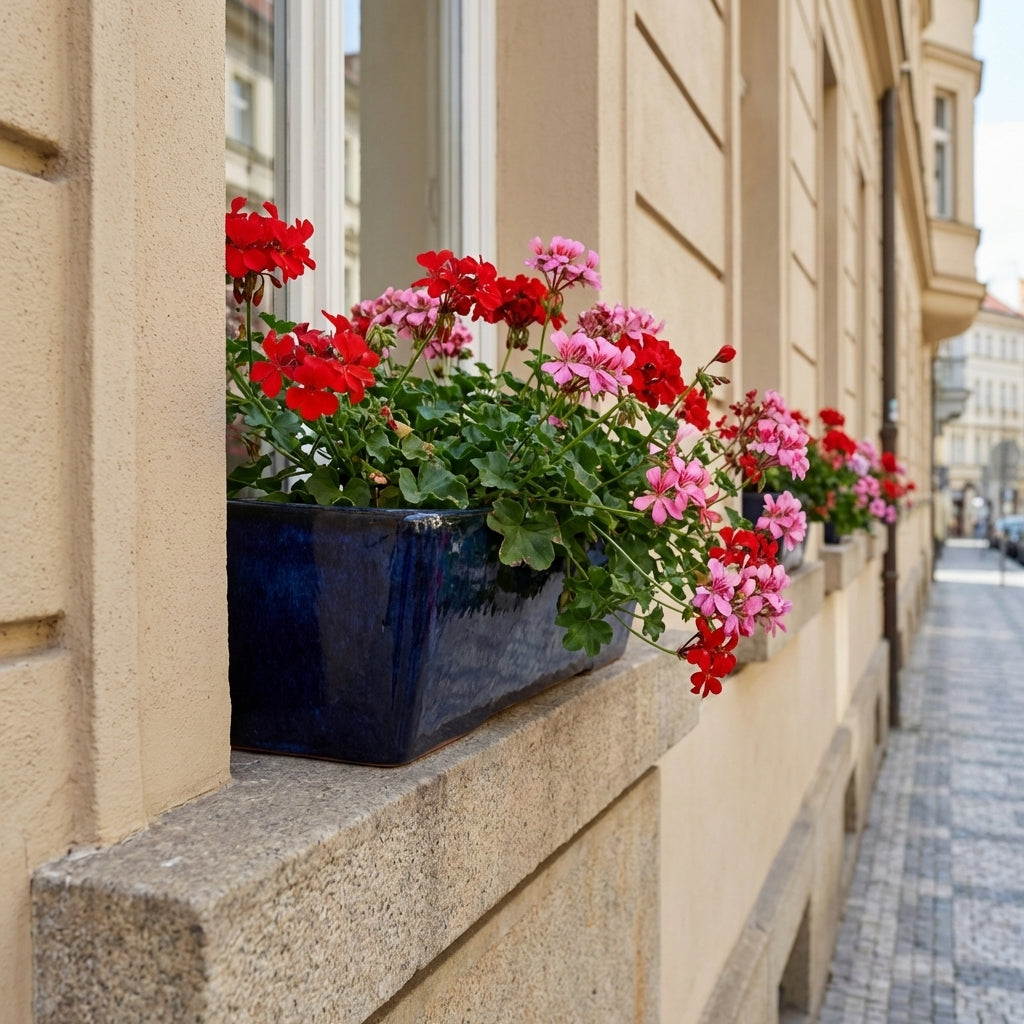 Keramický truhlík GIONO - Safírová (75x21x18 cm) osázený muškáty na venkovním parapetu moderního pražského domu s béžovou fasádou.