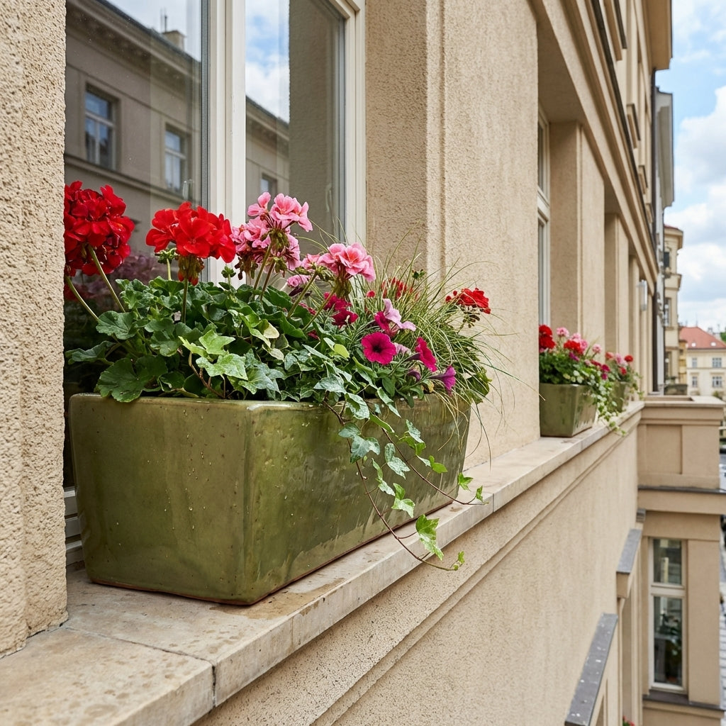 Keramický truhlík GIONO - Khaki o rozměrech 75x21x18 cm osázený muškáty na parapetu moderního pražského domu s béžovou fasádou.