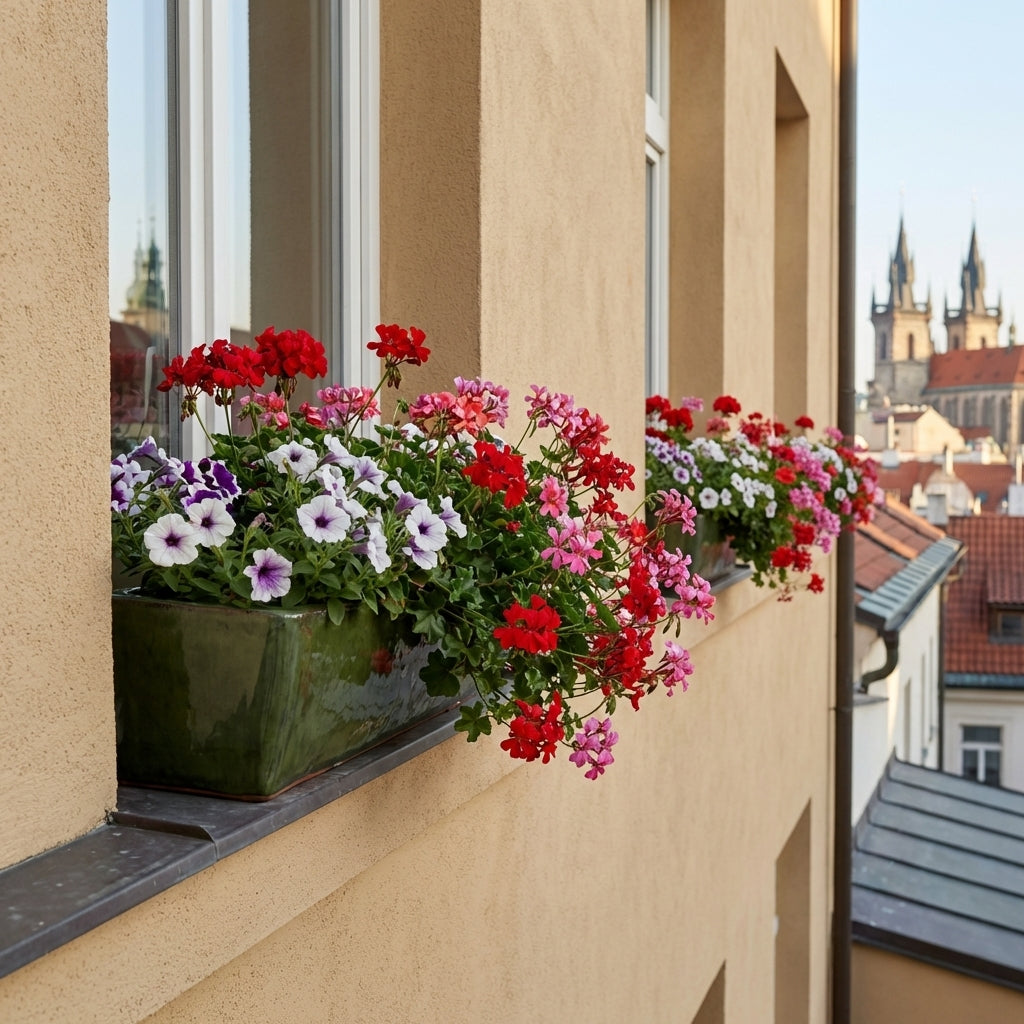 Keramický truhlík GIONO - Jemná zelená (75x21x18 cm) osázený muškáty na vnějším parapetu moderního činžovního domu v Praze.