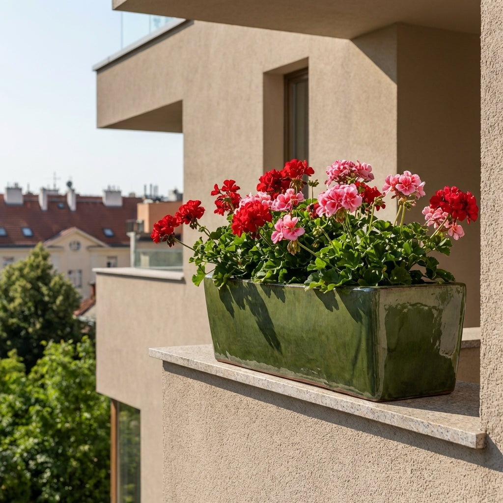 Keramický truhlík GIONO - Jemná zelená (75x21x18 cm) osázený muškáty na vnějším parapetu moderního činžovního domu v Praze.