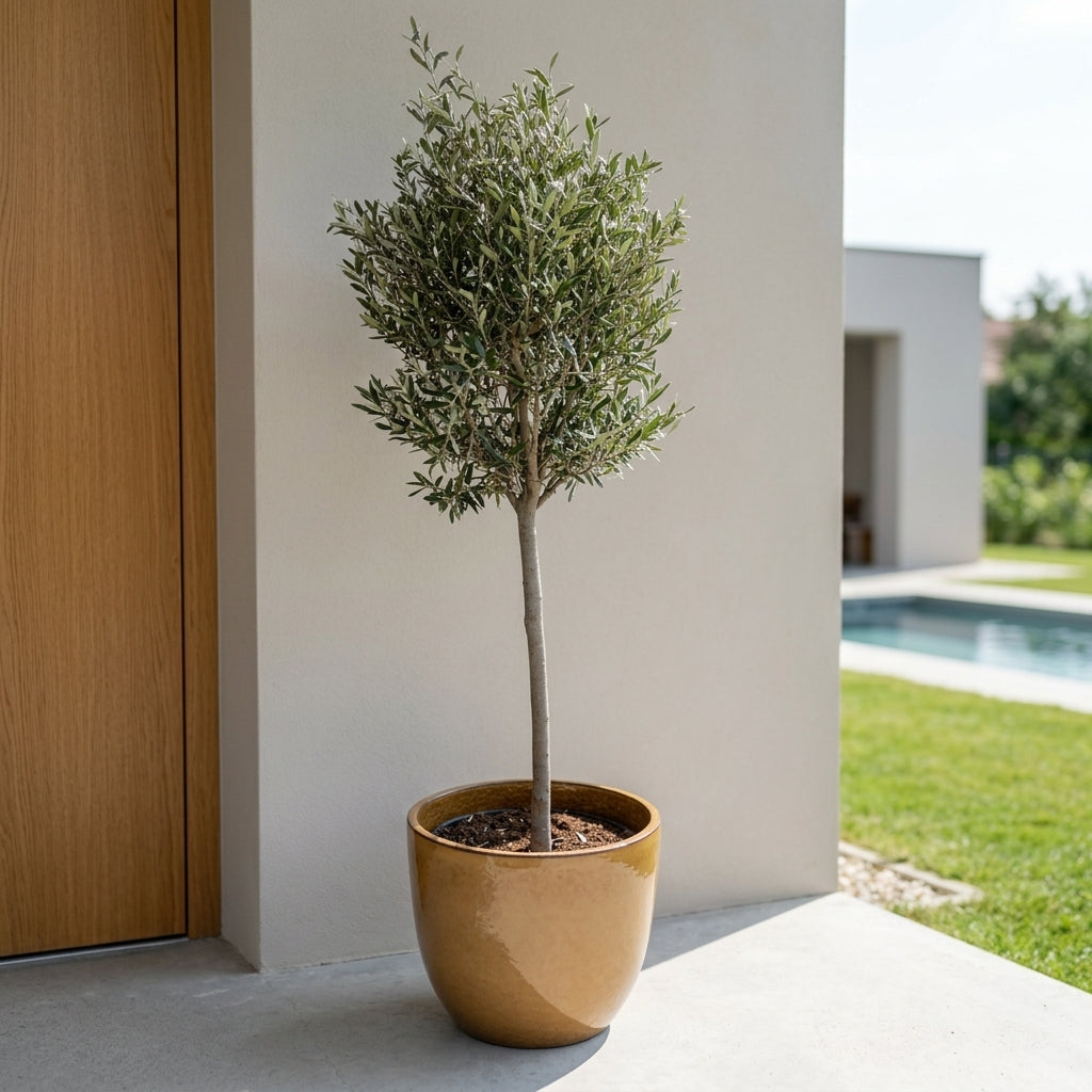 Olivovník štíhly kmeň v kvetináči LANCELOT Púštna žltá – v exteriéri