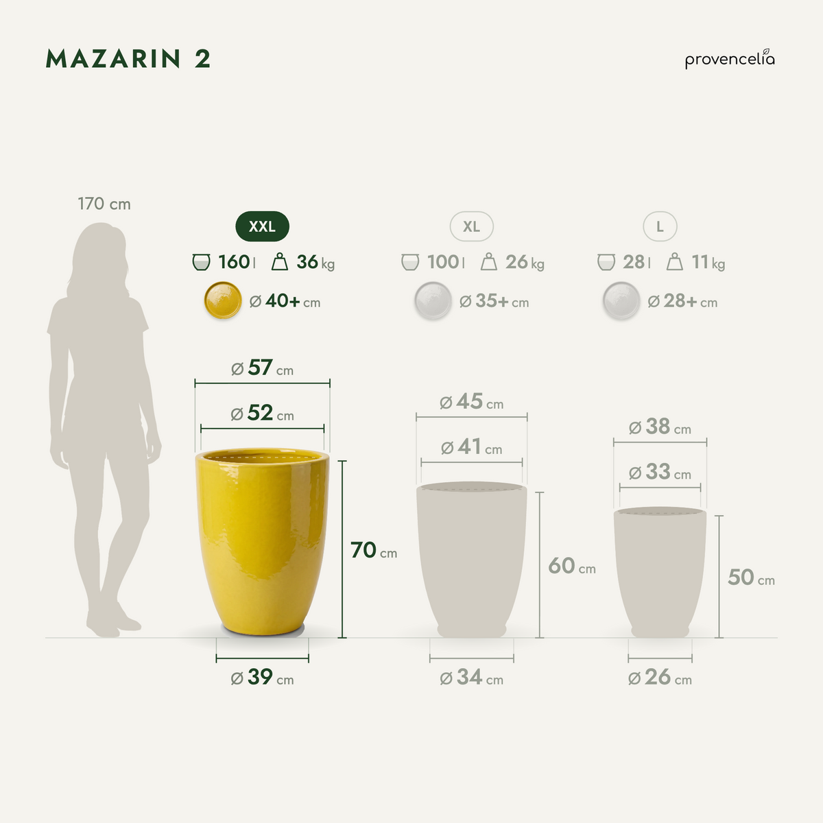 Keramický kvetináč Mazarin 2 – Žltá, XXL (57 x 70 cm)