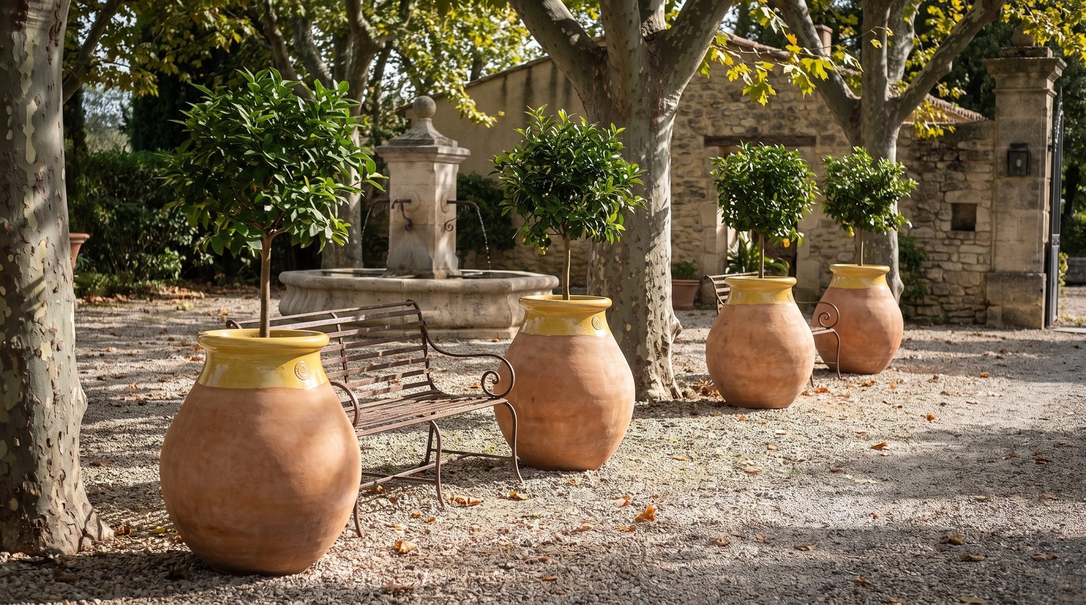 Štyri bioty Made in Provence s buxusmi lemujú cestu hotelového nádvoria