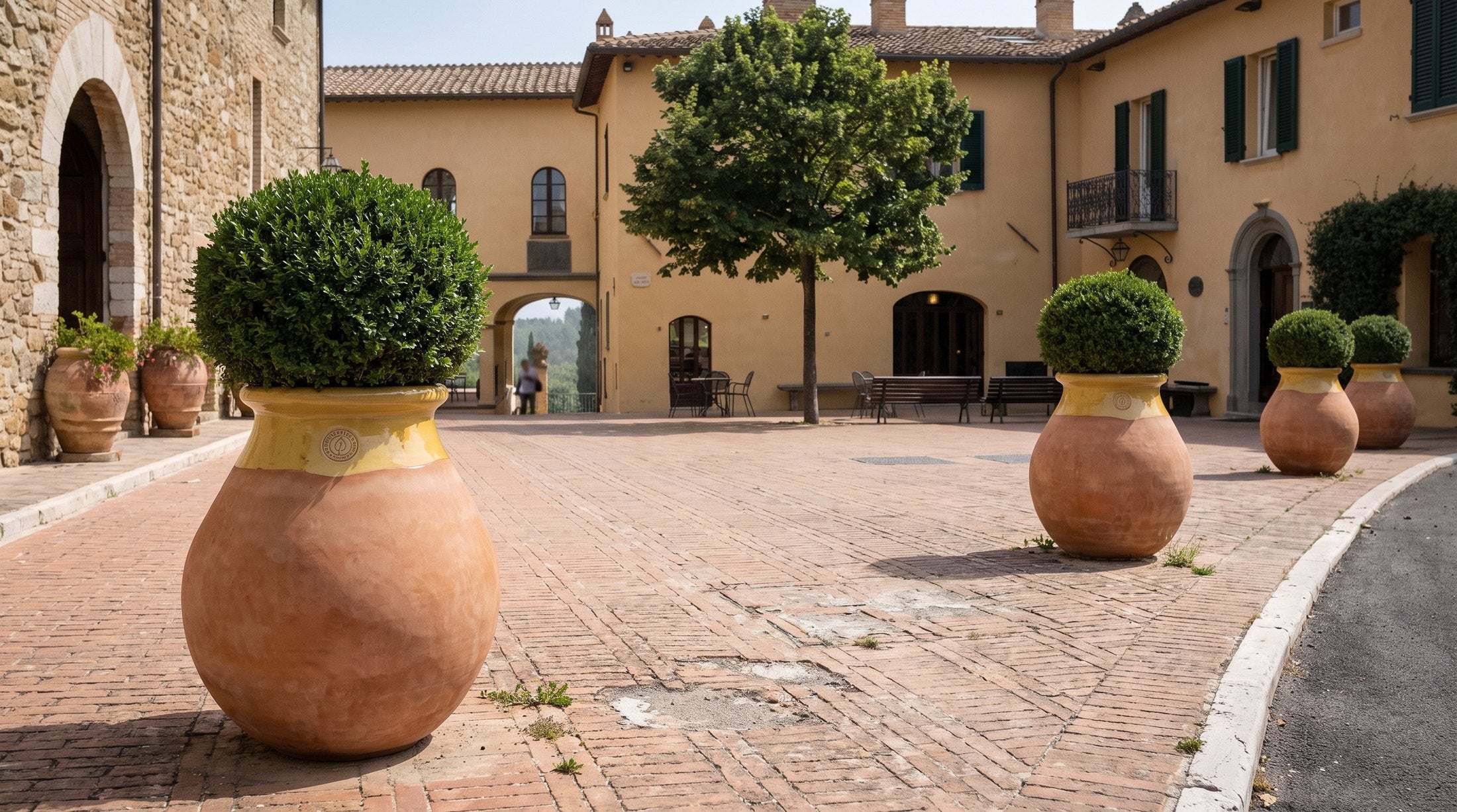 Štyri bioty Made in Provence s buxusmi lemujú cestu hotelového nádvoria